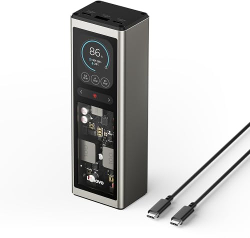 Lenovo Power Bank portatile da 140 W con caricatore ibrido digitale a 3 porte, display TFT per ThinkBook 14, MacBook, iPhone, Samsung Galaxy, stazione di ricarica da viaggio con cavo da 240 W