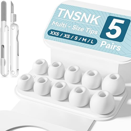 TNSNK [5 Paar] Ersatz Ohrstöpsel für AirPods Pro 3 Generation mit Cleaning Kit & Organisator, Anti-Slip Silikontips, for AirPods Pro 3 (2025), Weiß (XXS/XS/S/M/L)