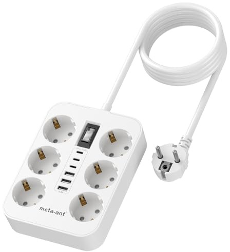 Steckdosenleiste 6-Fach mit 6 USB (3X USB-C + 3X USB-A, 24W/4.8A), 6er Steckdose mit Schalter & überspannungsschutz 4000W, Steckdosenleiste Wandmontage für Heim Büro, Weiß