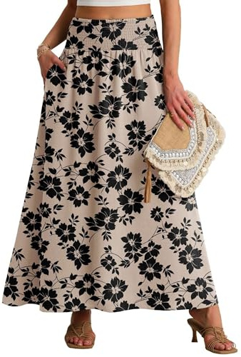 QIXING Damen Sommerrock Lang A-Linie Smocked Hohe Taille Swing Plisseerock mit Taschen Boho Maxirock