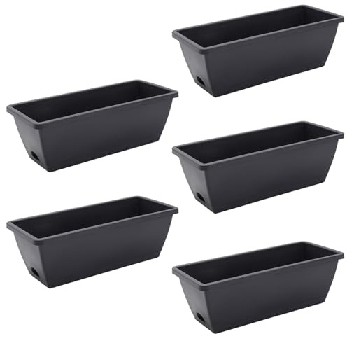 Set of 5 Plastic Trough Plant Pot Long Planter Home Outdoor Garden Window Herb Flower Box Windowsill Patio Bushes Window Box Rippled Effect, Optional Drainage Holes Terracotta (Dark Grey)