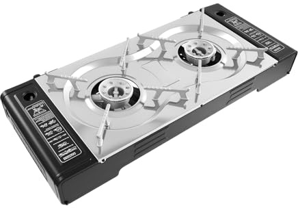 DunleyMin 2-in-1 Gaskocher 2-Flammig Campingkocher mit Grillplatte, Tragbarer Camping Grill Gas Stove Campingkocher Gas Kochfeld für Outdoor und Innenraum
