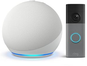 Echo Dot (Neueste Generation), Weiß + Ring Akku-Videotürklingel (Battery Video Doorbell) (neueste Gen.), Gesprenkeltes Grau