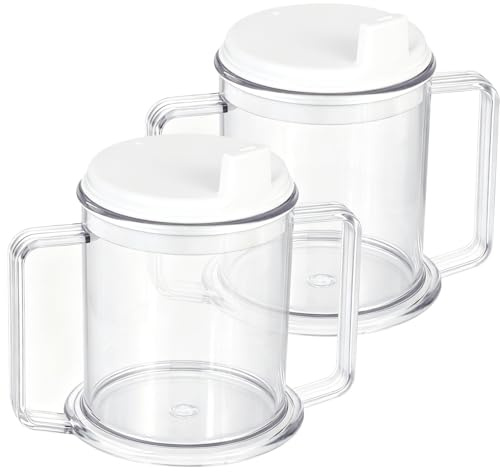 Yuecda 2 Pcs Adult Sippy Cup for Elderly, 10 oz Plastic Spill Proof Cups with 2 Handles for Adult Elderly Care Hospital Drinking Mug Easy to Grasp Handles for Hot and Cold Beverages