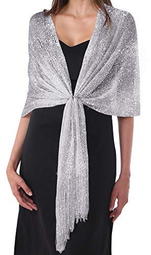 DiaryLook Womens Evening Wrap Stole Shawl for Dresses Sparkling Metallic Shawls for Wedding, Parties, Bridesmaid, Prom Scarf,Silver Gray