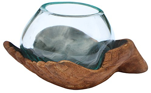 Geschenk Handmade Deko Glas Ø 10 cm in geschnitzter Holz Schale Vase Hand XS