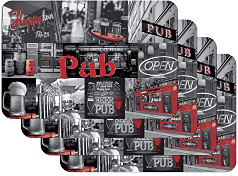 Vénilia Tischset Pub in the city, Platzset für Esszimmer, Esstischmatten, Telleruntersetzer, Platzdeckchen, abwischbar, lebensmittelecht, 45 x 30 cm, 4 Stück