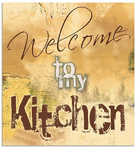ARTland Spritzschutz Küchenrückwand aus Alu für Küche Herd Spüle 60x65 cm (BxH) mit Motiv Spruch Shabby Landhaus Kunst Willkommen Ocker H6ZJ