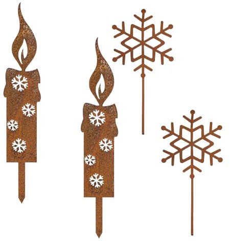 WCDSFL 4 Stück Metall Garten Roststecker Umfasst，2 Stück Kerzen Gartenstecker，2 Stück Schneeflocken Gartendeko，