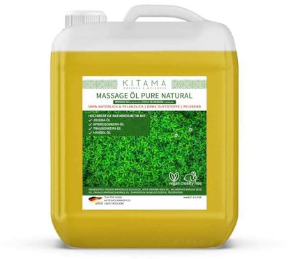 Kitama Massageöl Pure Natural - 100% natürlich mit Jojobaöl Aprikosenkernöl Traubenkernöl Mandelöl - parfüm-frei duftneutral, Pflegeöl - Körper-Öl - Massage Öl neutral 5-Liter