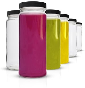All About Juicing Clear Glass Water Bottles Set - 6 Pack Wide Mouth with Lids for Juice, Smoothies, Beverage Storage - 16 oz, Durable, Reusable, Dishwasher Safe, Leak Proof (Black Caps)