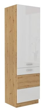 Küchen Hochschrank 60 cm Eiche Artisan + Weiss Hochglanz Küchenzeile Küchenblock