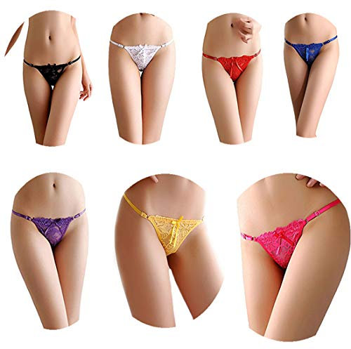 String Femme Sexy Dentelle Translucide Réglable Antidérapant Dames Noeud Papillon Ruban String sans Soudure Bikini Lingerie Clubwear-Multicolore
