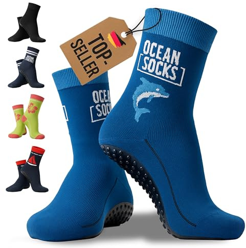 OceanSocks + EXTRA TASCHE + Delphin Aquasocks Beachsocken für Strand, Wasser, Wattwanderung, Ufer, Boot & Boards, Damen, Herren, Kinder,Blau, Delphin,19-22