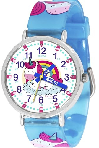 Kiddus Lern Armbanduhr für Kinder, Jungen und Mädchen. Analoge Armbanduhr mit Zeitlernübungen, japanischen Quarzwerk, gut lesbar, um ganz leicht zu Lernen, die Uhr zu lesen.