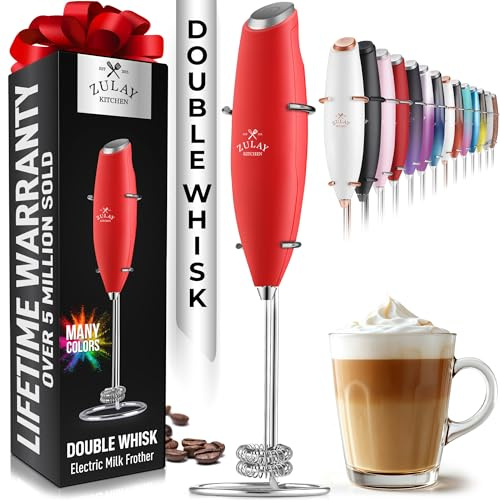 Zulay Kitchen Powerful Double Whisk Milk Frother Handheld - Foam Maker With Stand - Whisk Drink Mixer for Coffee, Mini Foamer for Latte, Matcha, Frappe, Hot Chocolate & Cappuccino (Cardinal Red)