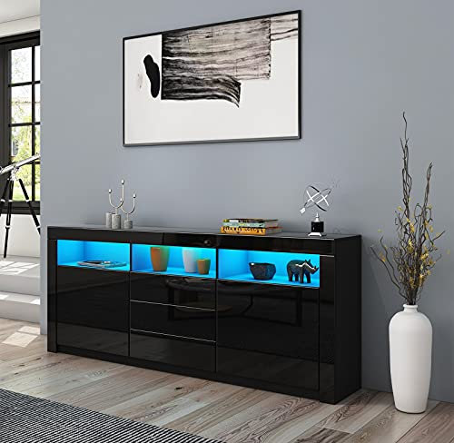 AWOOOD Sideboard Cabinet, High Gloss Sideboards TV Stand Unit 2 Doors 3 Drawers with LED Light Storage Cupboard for Living Dining Room 160x35x72cm (Black)