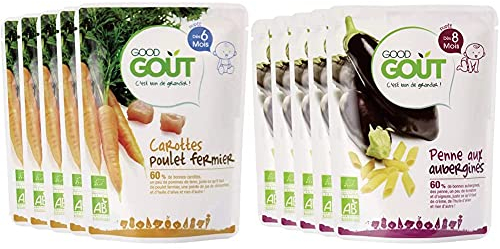 Good Goût - BIO - Carottes Poulet dès 6 mois 190 g - Lot de 5 & BIO - Penne aux aubergines dès 8 mois 190 g - Lot de 5