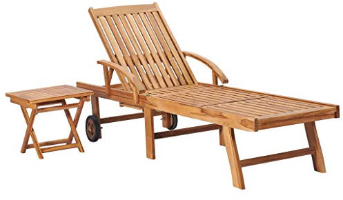 Sonnenliege mit Tisch, 4-Fach verstellbare Sonnenliege, Teakholz massiv, Deckchair/Holzliege ideal für Balkon, Terrasse und Garten 195 x 59,5 x 35 cm