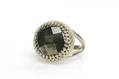 Anemonen Jewelry Sterlingsilberringe - Modischer Großer Pyrite-Ring in Krappenfassung - Statement Schmuck für Frauen - Geschenk für Mama, Schwester, BFF - Schmuckkästchen Inklusive
