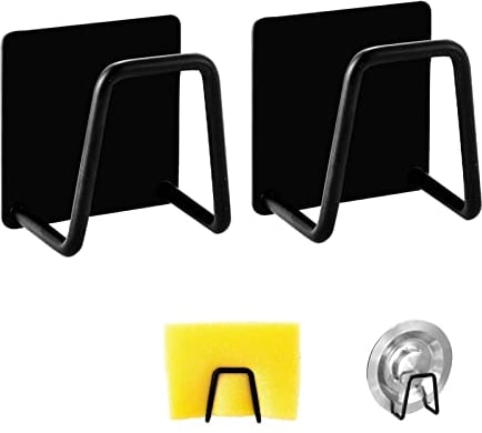 FuninCrea Sponge Rack, 2 PCS Durable Waterproof Kitchen Sink Rack, Super Self-Adhesive Universal Stainless Steel Sponge Holder, Kitchen Accessories for Household Storage and Draining (Black)