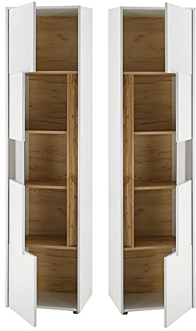 Lomadox Wohnzimmer Vitrinenschrank in weiß mit Absetzungen in Wotan Eiche Nb., B/H/T: ca. 50/197/40 cm