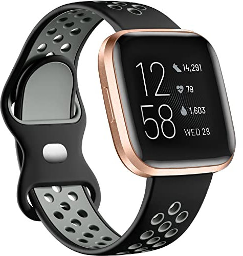 Dirrelo Armband Kompatibel für Fitbit Versa 2/Versa/Versa Lite - Weiches Silikon Sport Atmungsaktives Ersatzarmband für Damen und Herren, Schwarz/Grau, S