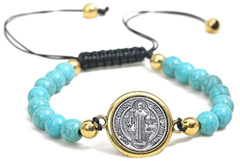 HANBOLI Bracciale vintage San Benedetto rosario regolabile con perline colori medaglia ciondolo pietra per compleanni anniversari vacanze