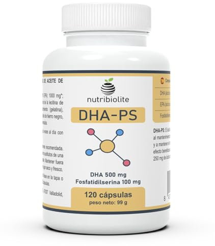 DHA 500 mg TG (forme triglycéride) + Phosphatidylsérine 100 mg - Santé du cerveau et des yeux - Absorption élevée -120 mini perles de gélule - Sans stéarate de magnésium - Sans soja, sans OGM