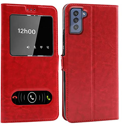 CEKA TECH Coque pour Samsung Galaxy S22 Plus 5G (6,6 Pouces), Etui Housse avec FENETRES, Pochette Magnétique pour (Samsung S22 Plus 5G) - Rouge
