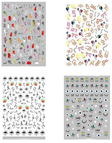 4 Sheets Nail Art Decoration DIY Self Adhesive Sticker Nail Sliders Abstract Line Pattern 3D Evil Eye Design Nail Stickers