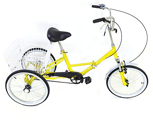 Fetcoi 20-Zoll-Dreirad für Erwachsene 20-Zoll-Dreirad, faltbar, 3-Rad-Fahrrad für Erwachsene, Senioren, Damen, Herren, Lastenfahrräder mit Einkaufskorb, Gelb