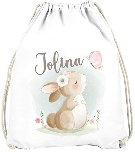 SpecialMe® Kinder Turnbeutel mit Name Tiermotive Bär, Hase, Fuchs personalisierte Geschenke Mädchen Jungen Hase weiß Unisize
