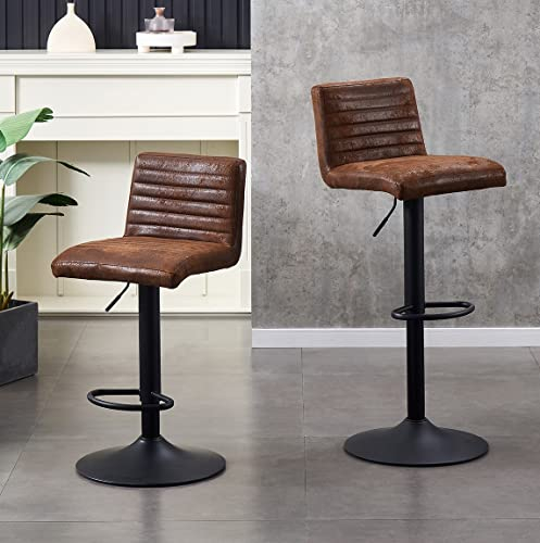 JYMTOM 2er-Set Barstühle, Verstellbarer Barhocker, 360° drehbarer Tresenhocker mit gepolsterter Sitzfläche aus künstlichem Wildleder für Bar, Küche, Esszimmer und Café (2, braun)