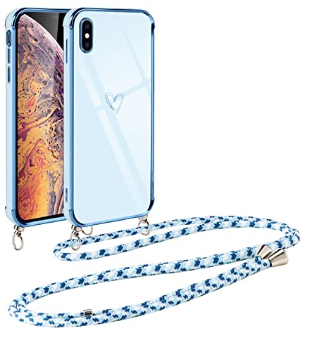 Vauki handyband für iPhone XS Max Hülle mit Band, Handyhülle mit Kette, Herz Motiv, Ultra Dünn Stoßfeste Aesthetic Case mit Kordel zum Umhängen für iPhone XS Max 6.5 Zoll, Blau