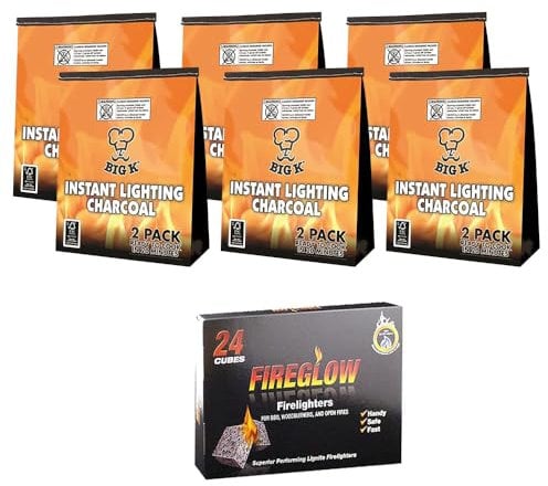 Big K 6 x 2KG Instant Light Barbecue Charcoal BBQ Coal Briquettes Charcoal Grill Bags with 24 Cubes Fireglow Firelighters for Outdoor Barbecues, Fire Pit, Camping or Picnics