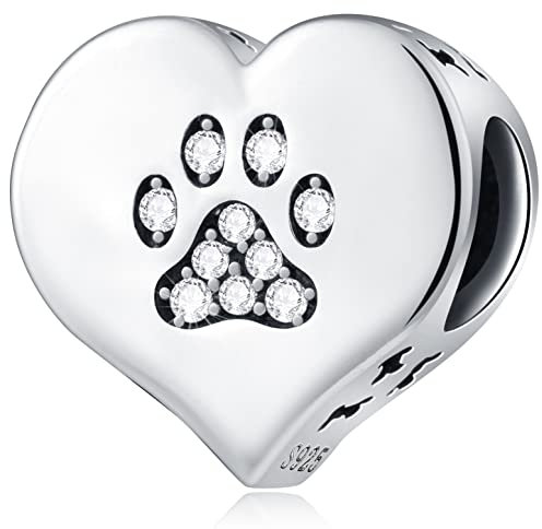 Hund Pfote Druck Charms auf mein Herz passen Pandora Tier Haustier Armband, 925 Sterling Silber Welpe/Katze Pfotenabdruck CZ Perlen mit Hund Knochen, Geschenke für Oma/Muttertag/Mama/Tochter