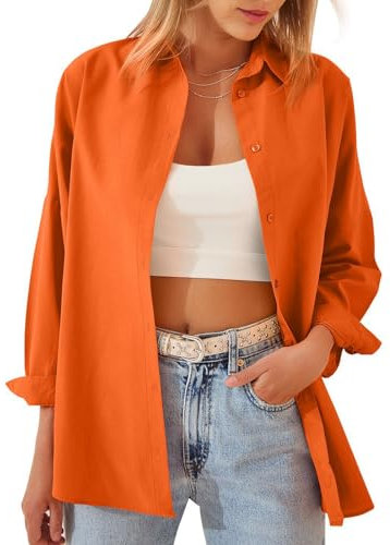 MINTLIMIT Womens Blouses Casual Long Sleeve Button Down Shirt Oversized Cotton Work Office Blouses Top 2025, Orange