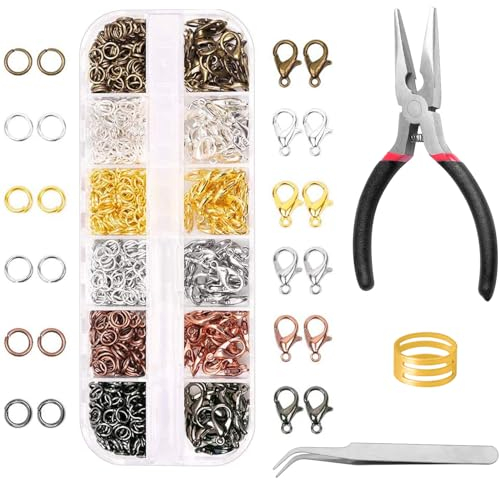 Kettenverschluss Verschlüsse für Armbänder, 120 Stück Karabinerverschluss und 900 Stück Biegeringe mit Schmuckzange Pinzette Sprungringöffner für Schmuckhandwer DIY und Reparatur Kit