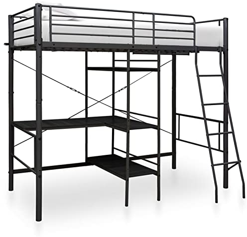Festnight Hochbett mit Schreibtisch Metall Etagenbett Metall 90x200 Stockbett Einzelbett Kinderbett Jugendbett Metallbett Bett