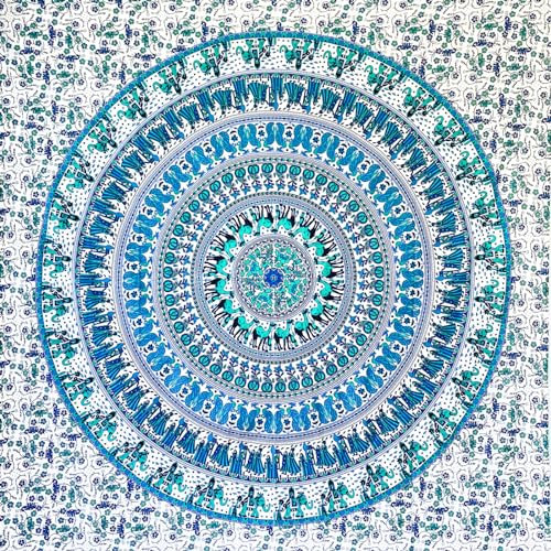 MOMOMUS Wandteppich Mandala - Stoff, Bunt, Orientalische Design- Ideal als Wandtuch Mandala, Wandbehang und Wandteppich Boho- Weiß-Blau, 135x210 cm