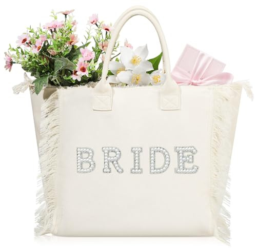 Huhumy Bride Tote Bag Large Canvas Pearl Fringe, Canvas, Bride