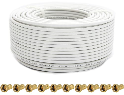 Premium X 20m Sat Koaxial Mini Kabel 90dB 2-Fach geschirmt 4mm Dünnes Antennenkabel FullHD HDTV 3D Weiß 10x F-Stecker