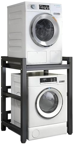 Étagère Machine à Laver Kit de Superposition Lave Linge Seche Linge Capacité de Charge de 400kg Étagère de Rangement Dessus Machine à Laver avec 3 Hauteurs Réglables (Gris Foncé, Cadre Noir)
