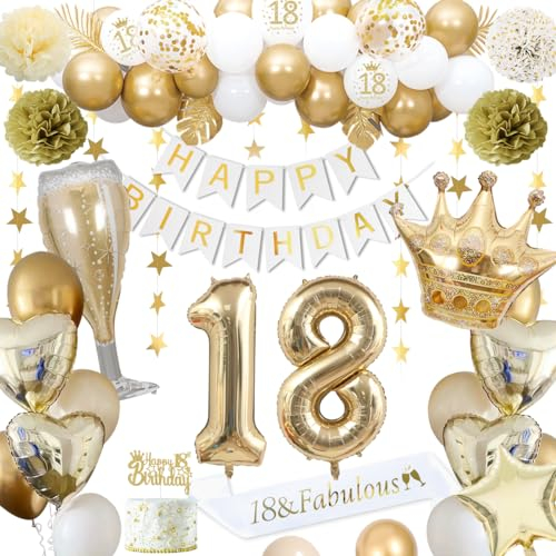 18 Geburtstagsdeko, gold 18 Geburtstag deko für Männer Frauen gold weiße Luftballons HAPPY BIRTHDAY Banner Nummer 18 Luftballons Krone Stern Herz Luftballons HAPPY 18th BIRTHDAY Kuchenaufsatz