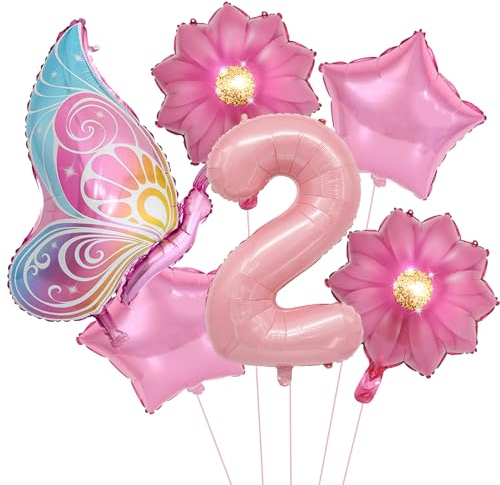 VIKY® Schmetterlinge Deko 2 Geburtstag Mädchen, Folienballon Schmetterling Deko Luftballon 2. Geburtstag Mädchen, Geburtstagsdeko 2 Jahre, Schmetterling Folienballon 2 für Kindergeburtstag Deko