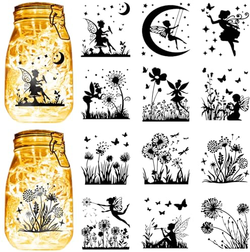 CREATCABIN 12 Stück Feen-Engel-Silhouetten,Einmachglas-Dekor,Löwenzahn,Lasergeschnittene Papp-Scrapbook-Ausschnitte,Stanzungen Aus PVC Für Heimwerker,Basteln,Laternen,Gläser,10x9cm,Ohne Aufkleber