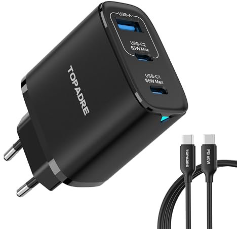 TOPADRE 65W Chargeur USB C Rapide, 3-Ports Prise USB C GaN Tech PD3.0 PPS avec 60W Câble pour iPhone 16 15 14 13 12 11, Galaxy S25 S24 S23 Note Pixel 9 8 7 iPad MacBook Air Pro M3 M2 M1, Noir