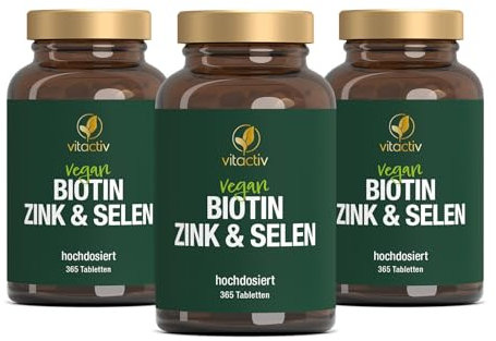 VITACTIV Biotin Zink Selen - Haut Haare Nägel Tabletten, Hochdosiert mit 10000 mcg Biotin pro Tagesverzehr - Herstellung in Deutschland, Laborgeprüft - Vegan, Zuckerfrei - 1095 Stück, Jahresvorrat
