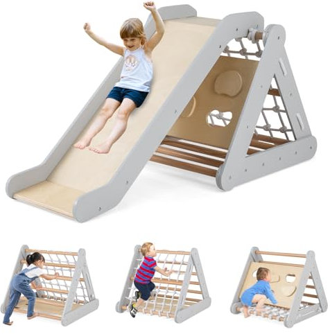 GOPLUS Triángulo de Escalada Montessori para Niños con Red de Escalada, Tabla y Escalera, Piedras con Tobogán, Capacidad de Carga 50KG, Zona de Juegos de Interior para bebés a Partir de 1 año (Gris)